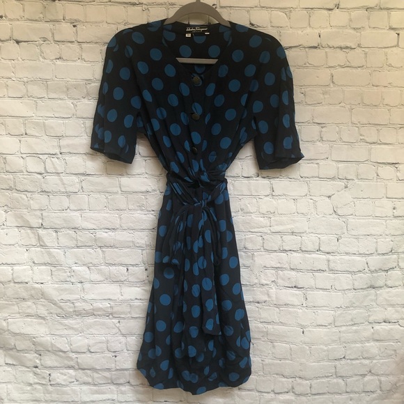 Salvatore Ferragamo Dresses & Skirts - Salvatore Ferragamo Blue Polka Dot Tie Silk Dress
